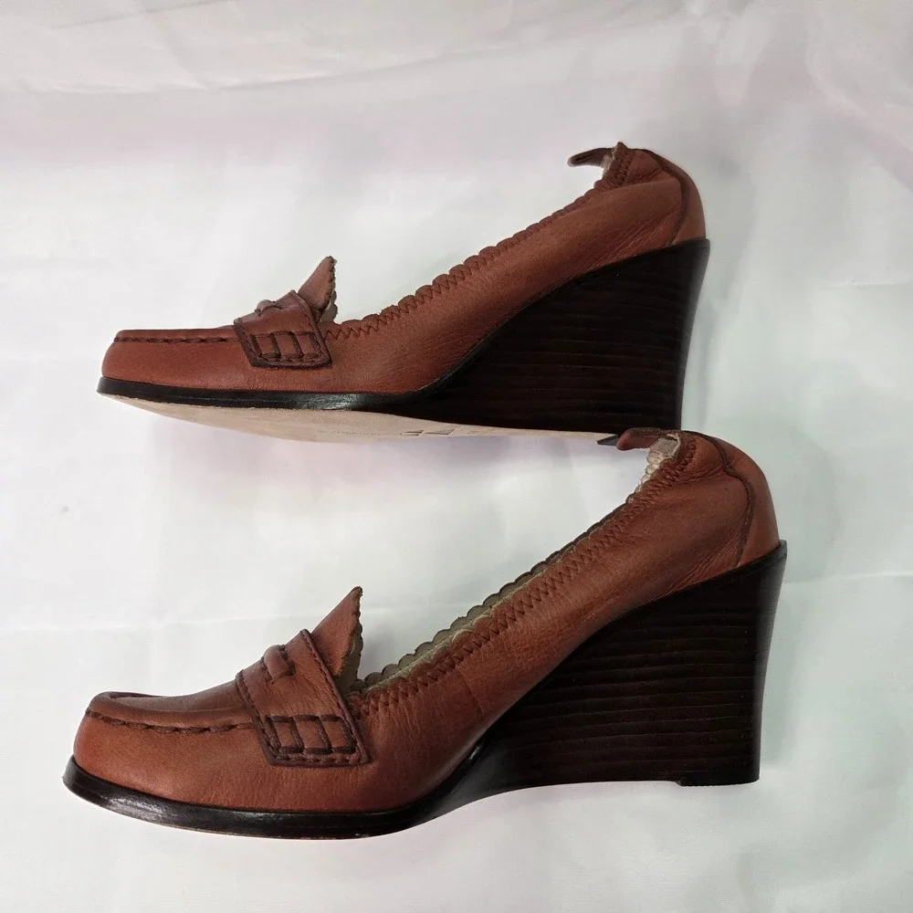 Dani Black Vtg Brown Leather Wedge Penny‎ Loafers 7M Academia Witchy Cottagecore